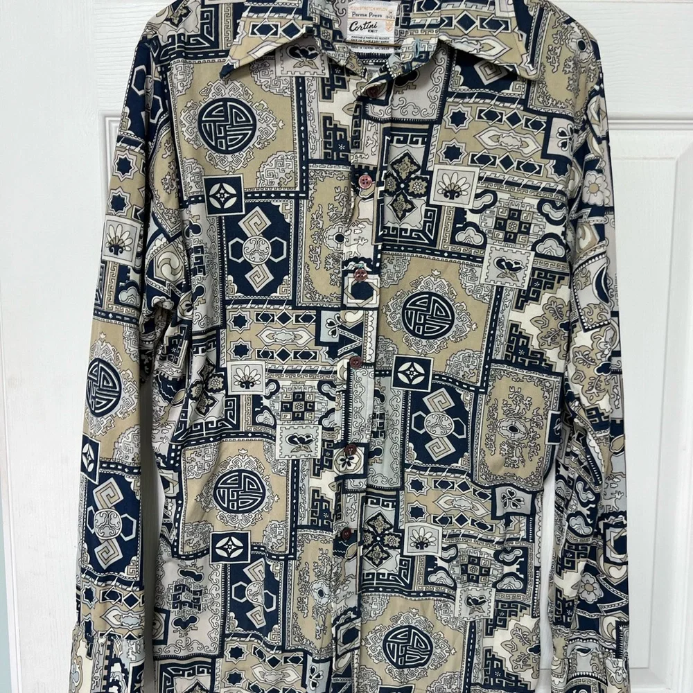 Vintage Butterfly collar Cortini Knit Patterned Button-Up Shirt - Picture 2 of 6